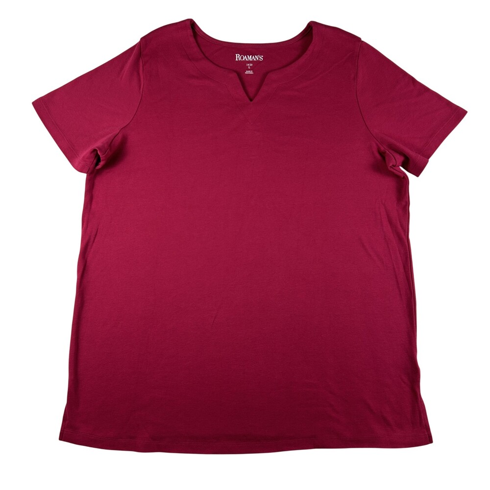 Roaman's Shirt Womens Large 18/20 Plus Pink V-Neck Short Sleeve Basic Tee Top